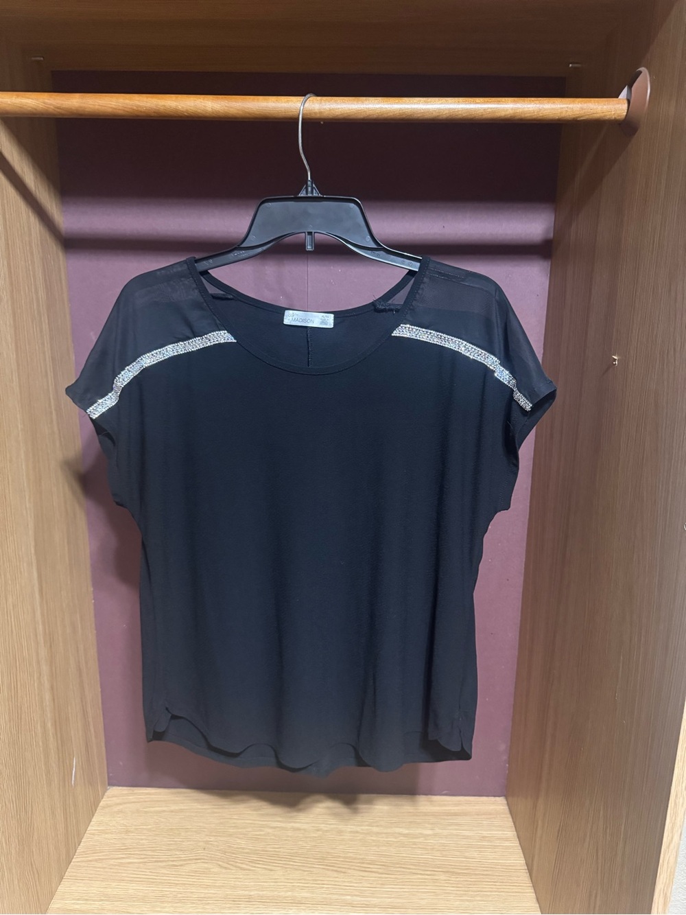 89th + Madison Black Rhinestone Sheer Shoulder Top Size XL